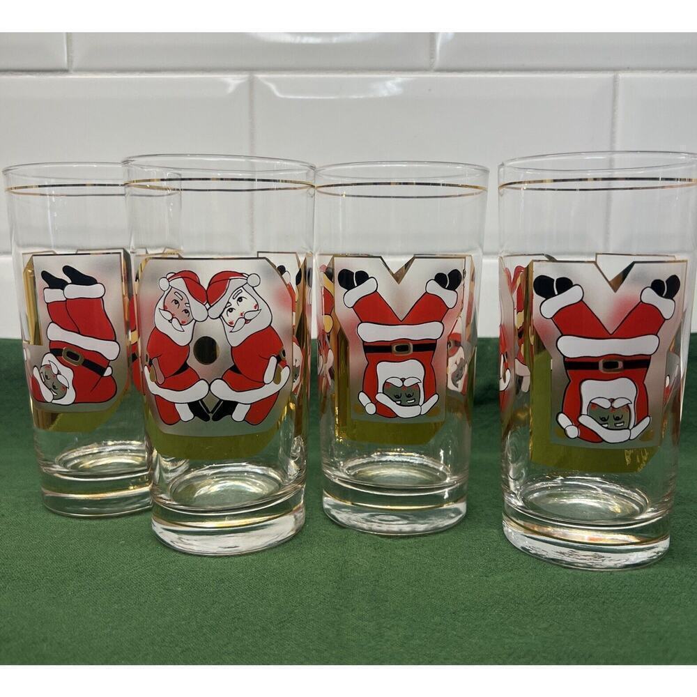 Culver Signed Santa‎ Gold JOY Highball Glasses G. Litvak Set Of 4